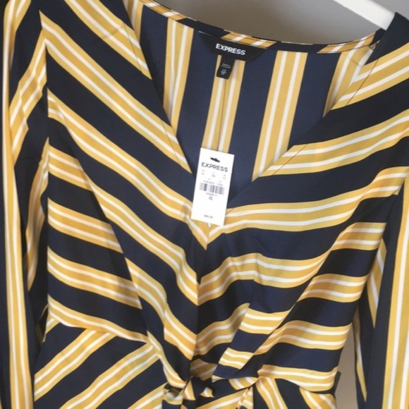 NWT Express Striped Knotted v-neck Long Sleeve Blue Yellow Dress - Picture 2 of 5
